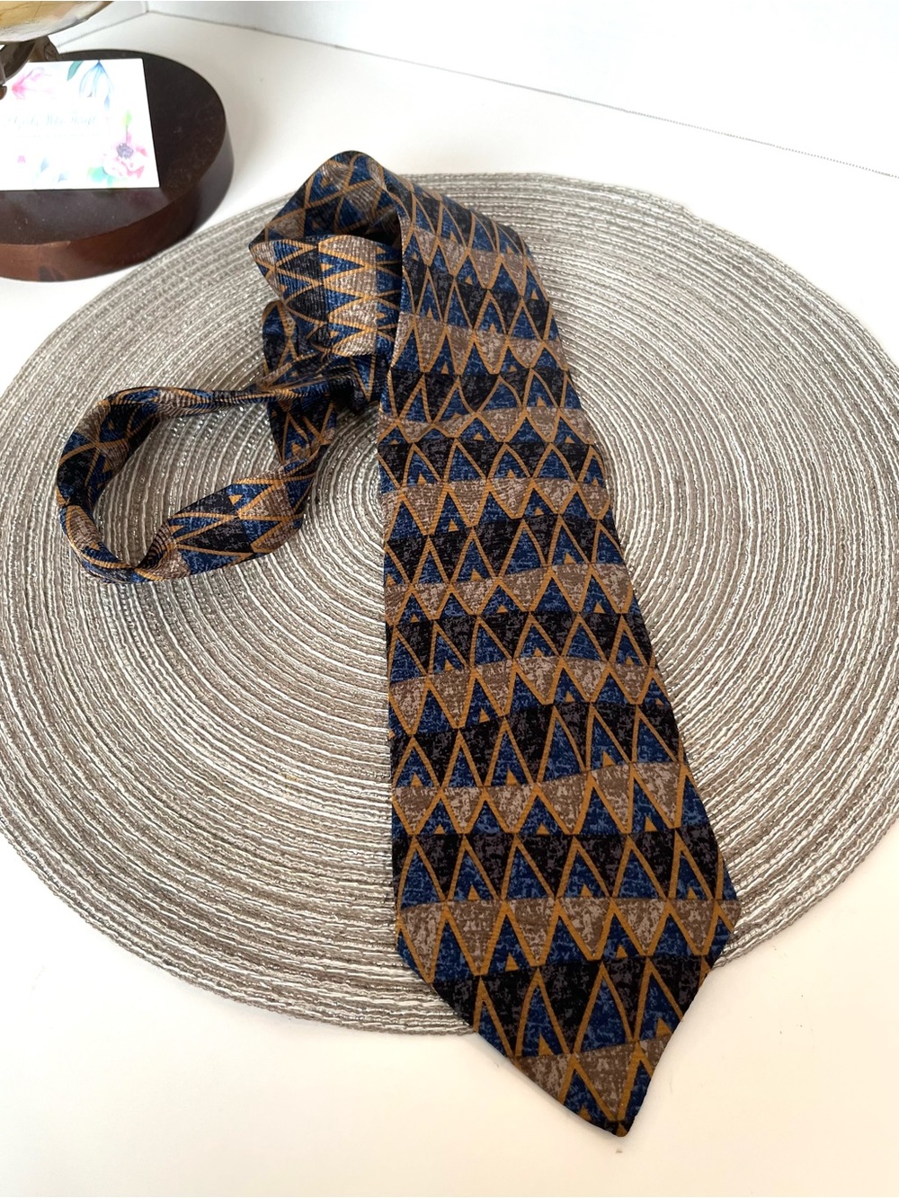 VTG LAMBERTI Silk 100% Necktie Hand Made in Italy Blue Gold Abstract Print